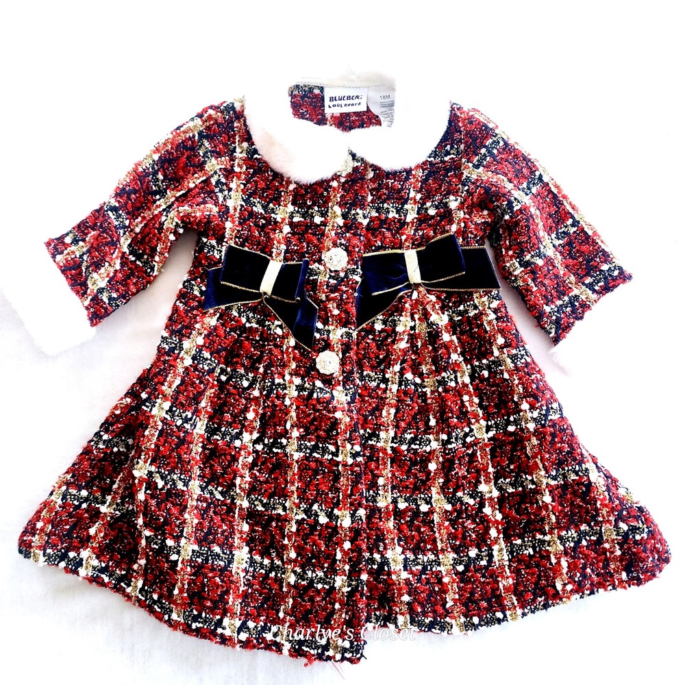 Blueberry Boulevard Baby Girls 18M Red Holiday Plaid Tweed Faux Fur Trimmed Coat